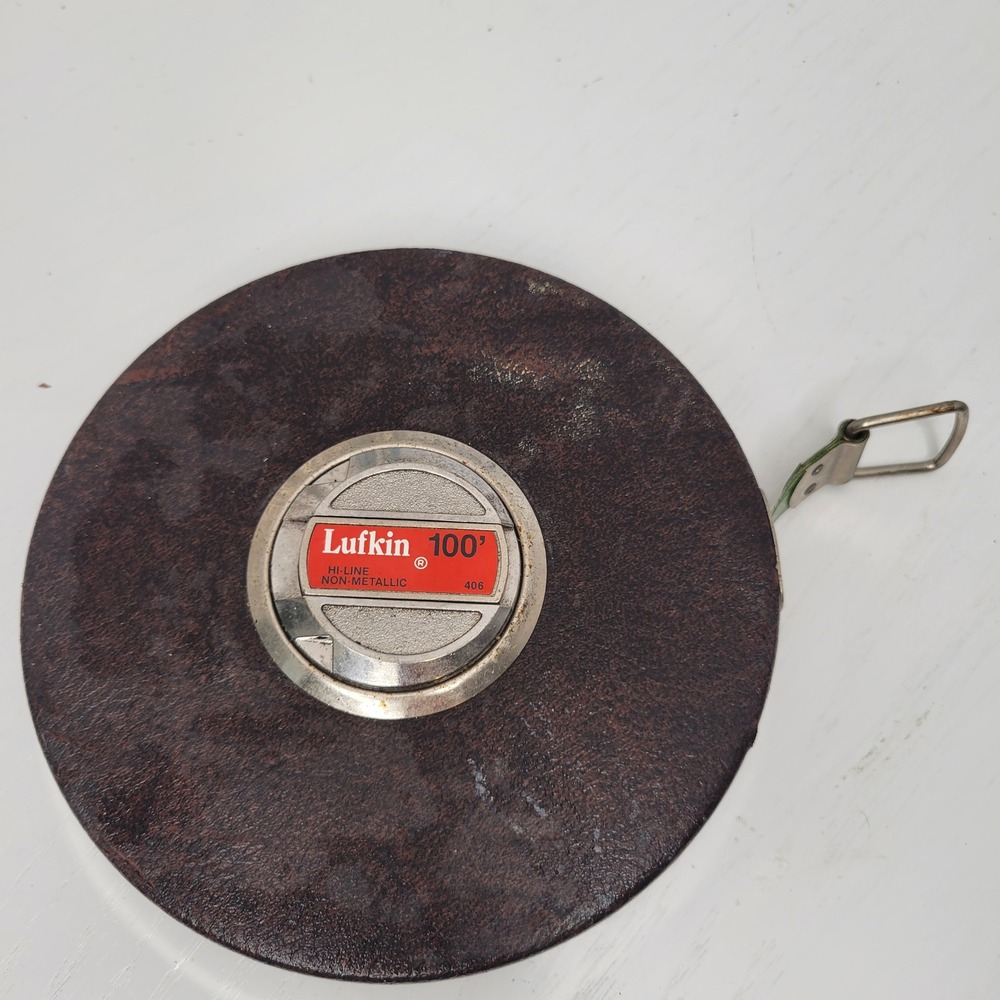 Vintage Lufkin 100' Hi-Line Non-Metallic Tape‎ Measure Model 406 Brown Case